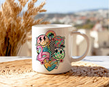 "Summer Flamingo Smiley" design on a white ceramic coffee mug