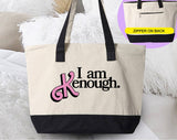 "I Am Kenough" design on a natural canvas zippered tote bag