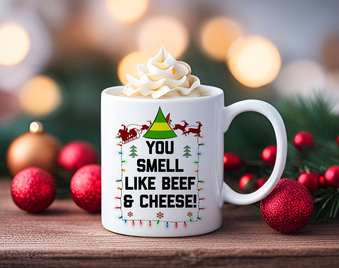 "Beef And Cheese Elf" Christmas design on a white coffee mug
