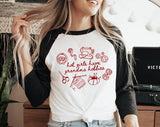 "Hot Girls Have Grandma Hobbies" design on a white baseball raglan tee with black sleeves