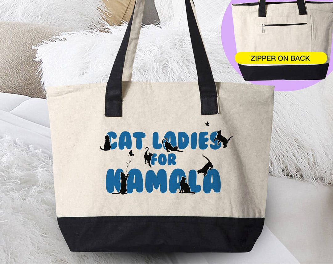 "Cat Ladies For Kamala" design on a natural canvas zippered tote bag