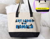 "Cat Ladies For Kamala" design on a natural canvas zippered tote bag