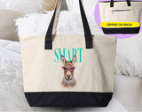 "Smart Donkey Vogue" design on a natural canvas zippered tote bag