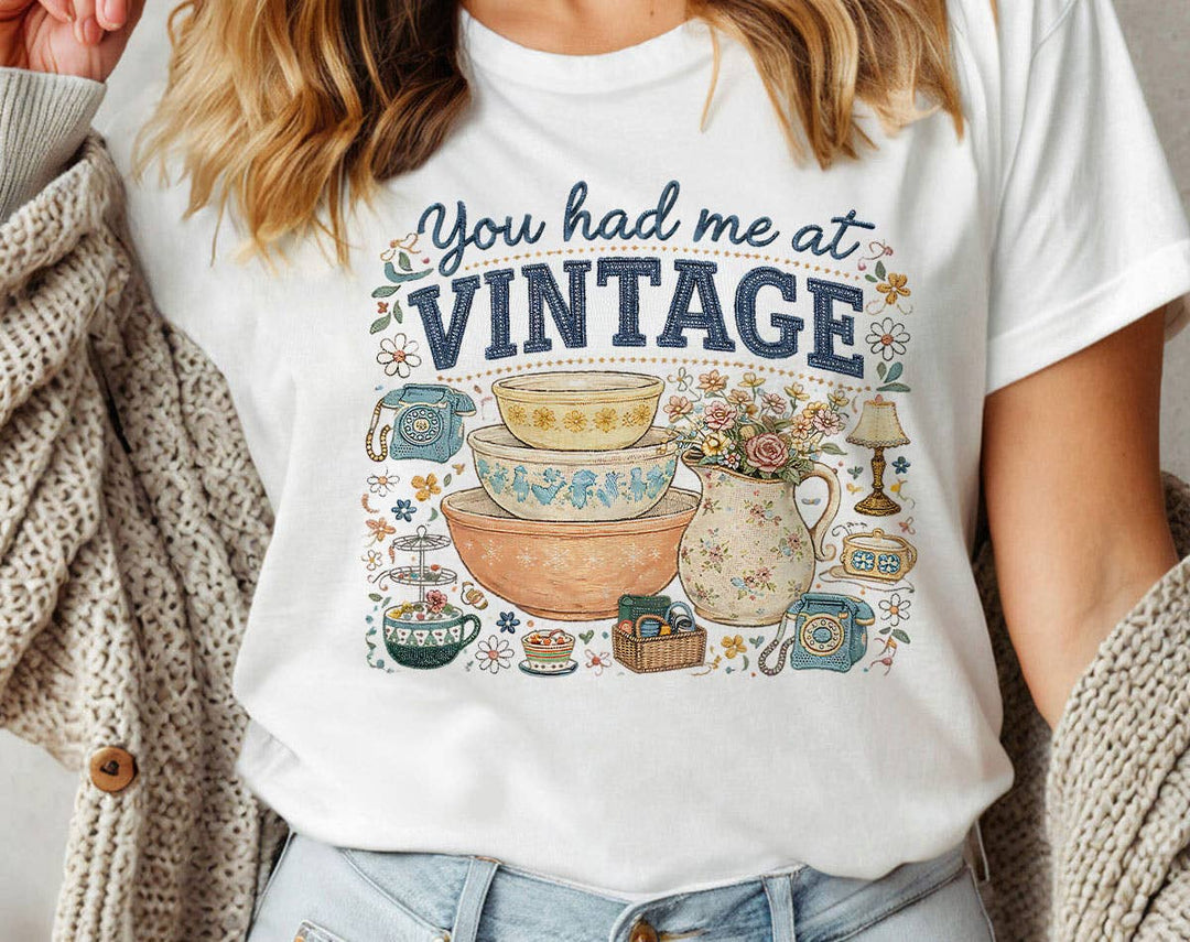 "You Had Me At Vintage Thrifting" design on a white unisex t-shirt