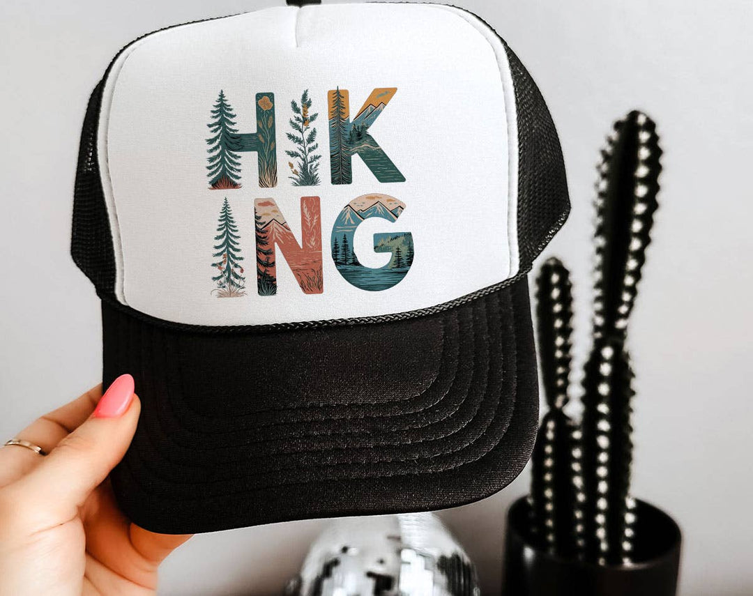 "Hiking Tree Nature Drawing" design on a mesh-back snapback trucker hat