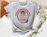 "Usually Sweet & Nice But F*ck ICE Cat" design on a heather gray unisex t-shirt
