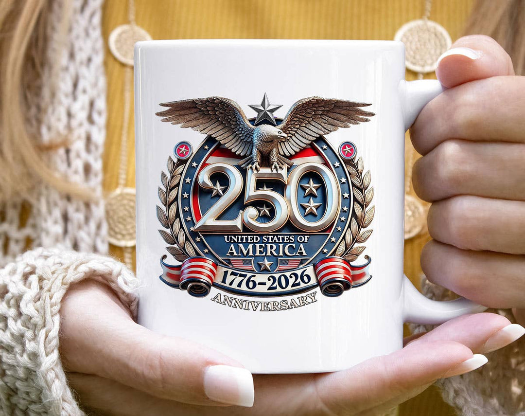 "USA 250th Anniversary" design on a white ceramic coffee mug