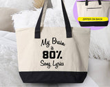 "My Brain Is 80% Song Lyrics" design on a natural canvas zippered tote bag