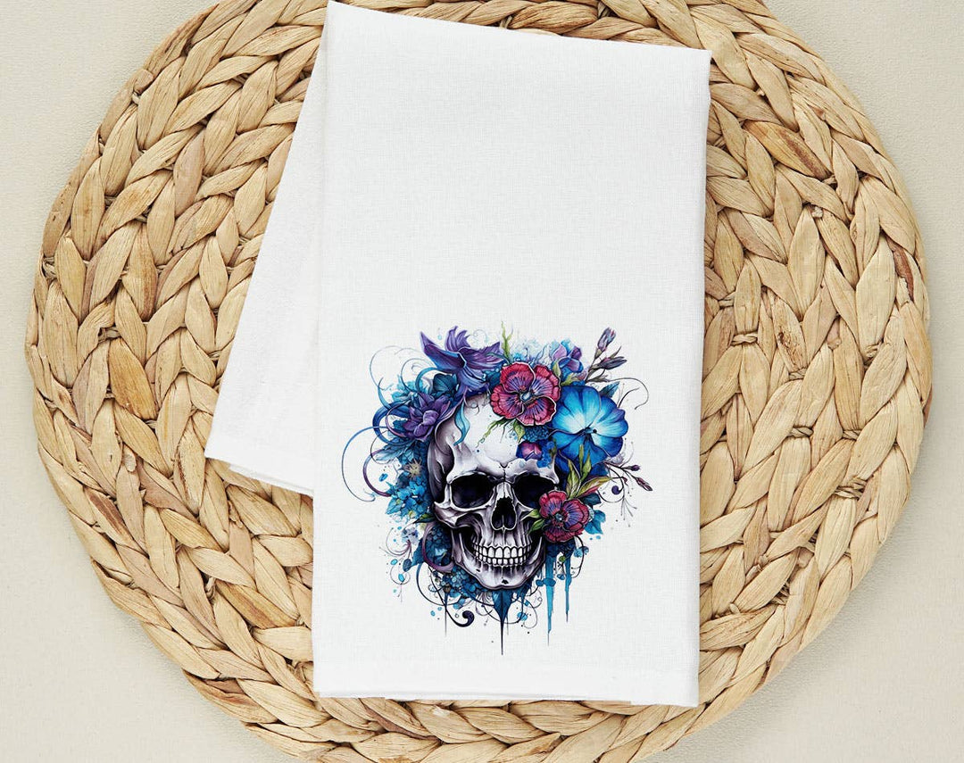 "Floral Blue Skull" design on a white 28 x 28 inch flour sack tea towel