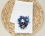 Floral Blue Skull Tea Towel, Flour Sack Kitchen Dish Towel