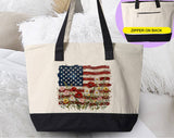 "American Flag Floral Painting" design on a natural canvas zippered tote bag