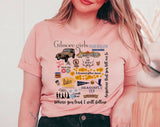 "Gilmore Girls Stars Hollow Collage" design on a peach unisex t-shirt