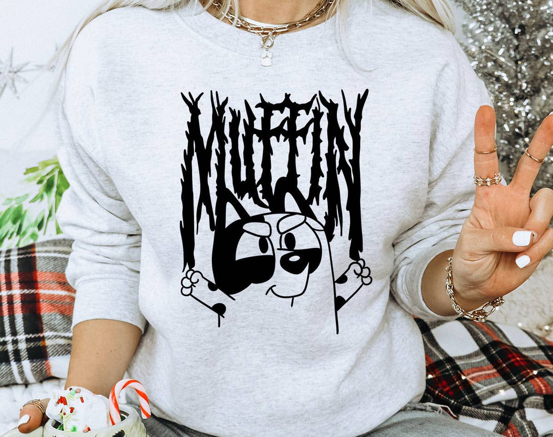"Muffin Metal" design on an ash gray unisex crewneck sweatshirt