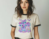 "Iridescent Ghost Bow" design on a natural ringer t-shirt with black contrast trim