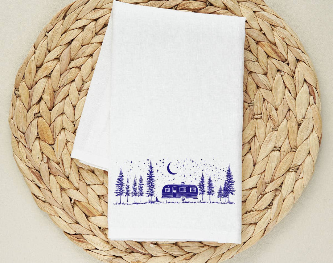 "Camping Life Under The Stars" design on a white 28 x 28 inch flour sack tea towel