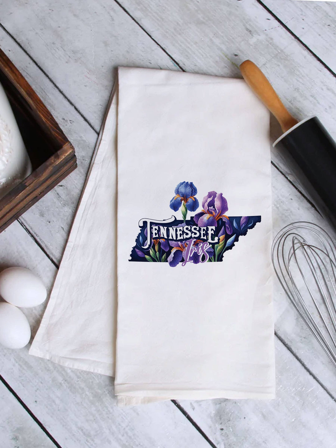 "Tennessee State Flower Iris" design on a white 28 x 28 inch flour sack tea towel