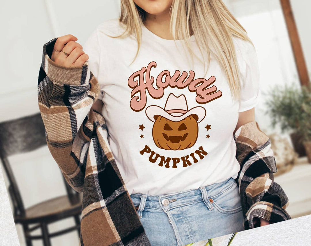 "Howdy Pumpkin" design on a white unisex t-shirt