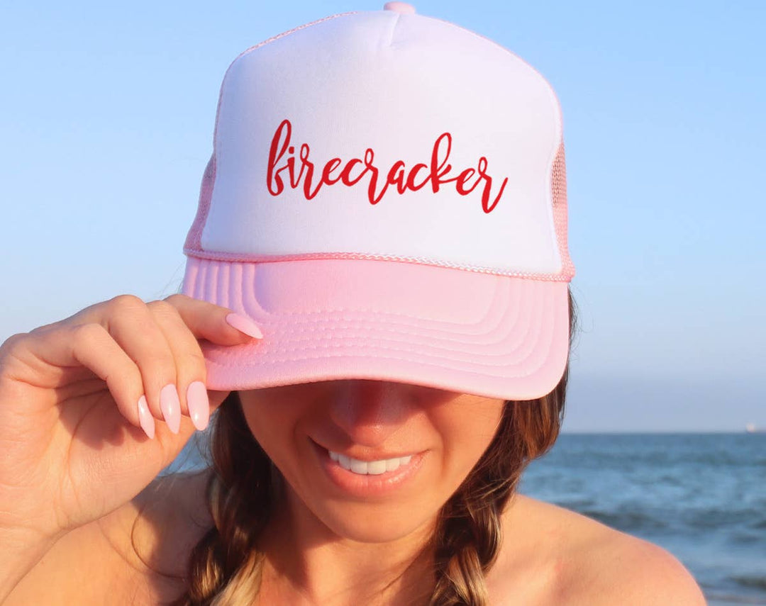 "Firecracker" design on a mesh-back snapback trucker hat