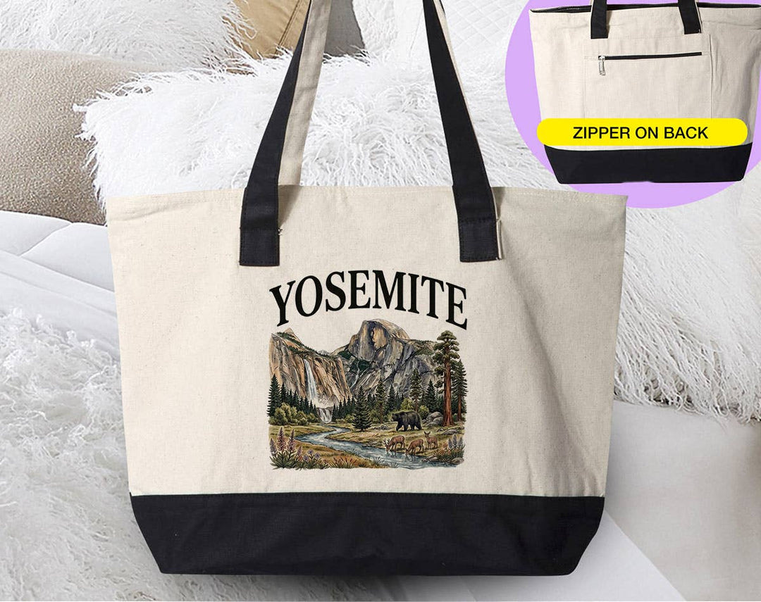 "Yosemite" design on a natural canvas zippered tote bag
