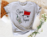 "Sips & Trips" design on a heather gray unisex t-shirt