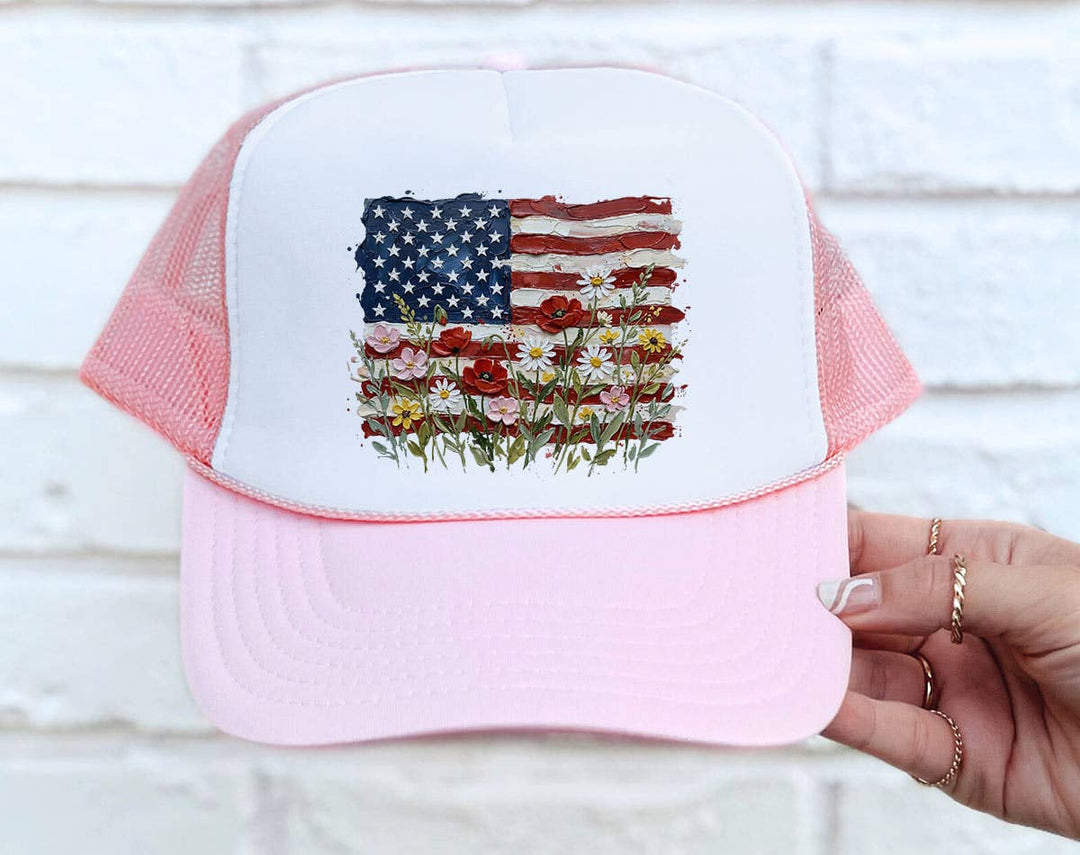 "American Flag Floral Painting" design on a mesh-back snapback trucker hat