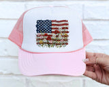 "American Flag Floral Painting" design on a mesh-back snapback trucker hat