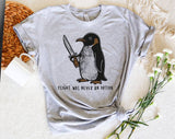 "Flight Was Never An Option Penguin" design on a heather gray unisex t-shirt