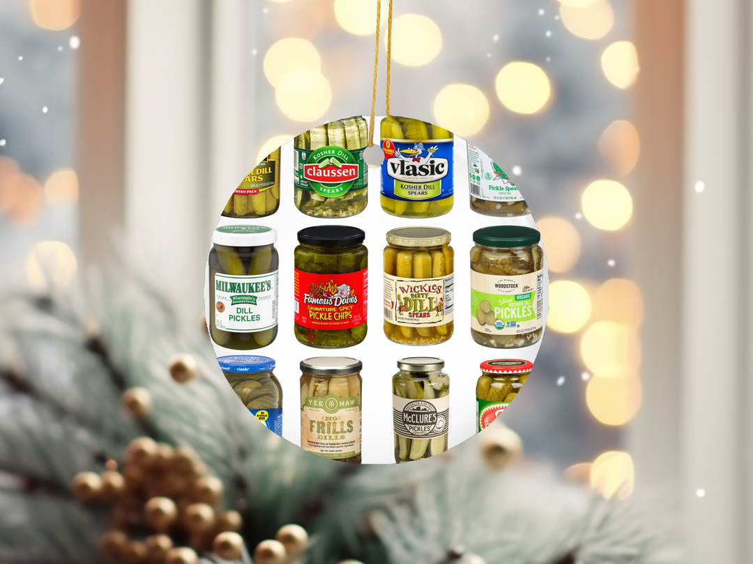 "Pickle Jar Brands" design on a 2.5 inch round ceramic Christmas ornament