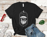 "Moon Magic Mushroom" design on a black unisex t-shirt