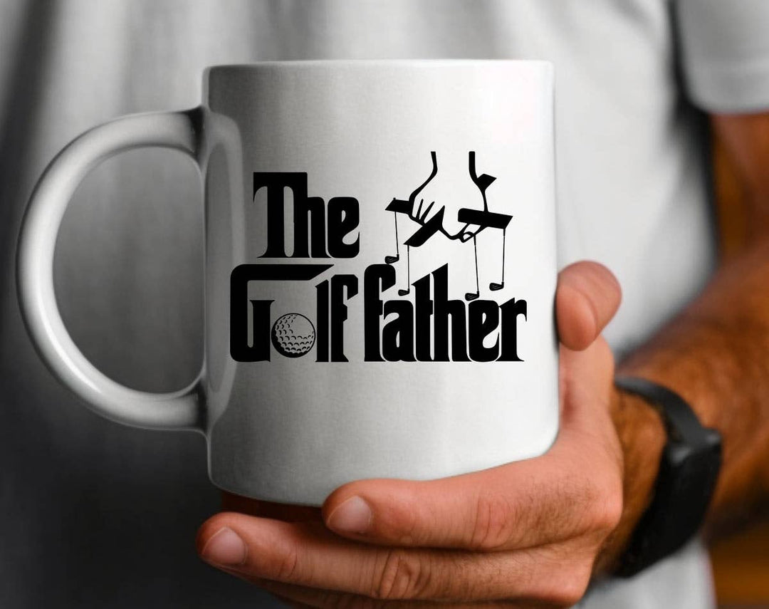 "The Golf Father" design on a white ceramic coffee mug