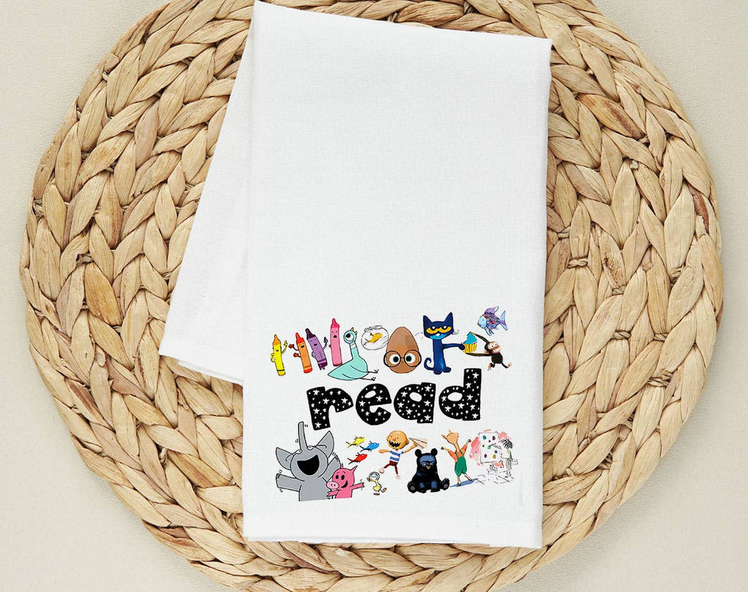 "Read Kids Book Characters" design on a white 28 x 28 inch flour sack tea towel
