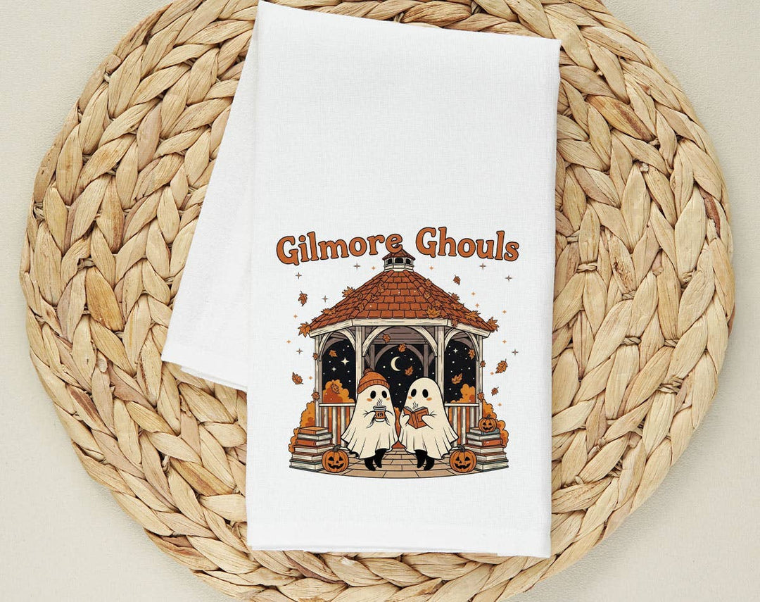 "Gilmore Ghouls" design on a white 28 x 28 inch flour sack tea towel
