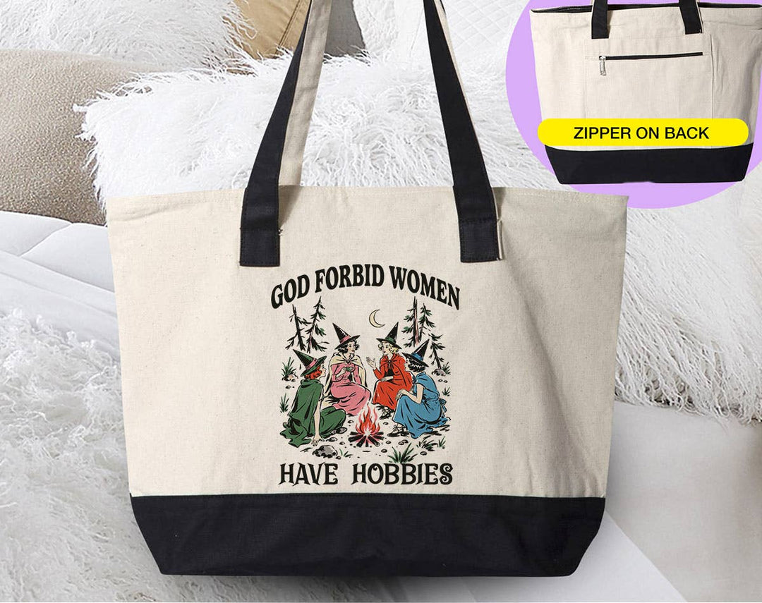 "God Forbid Women Have Hobbies Witch Halloween" design on a natural canvas zippered tote bag