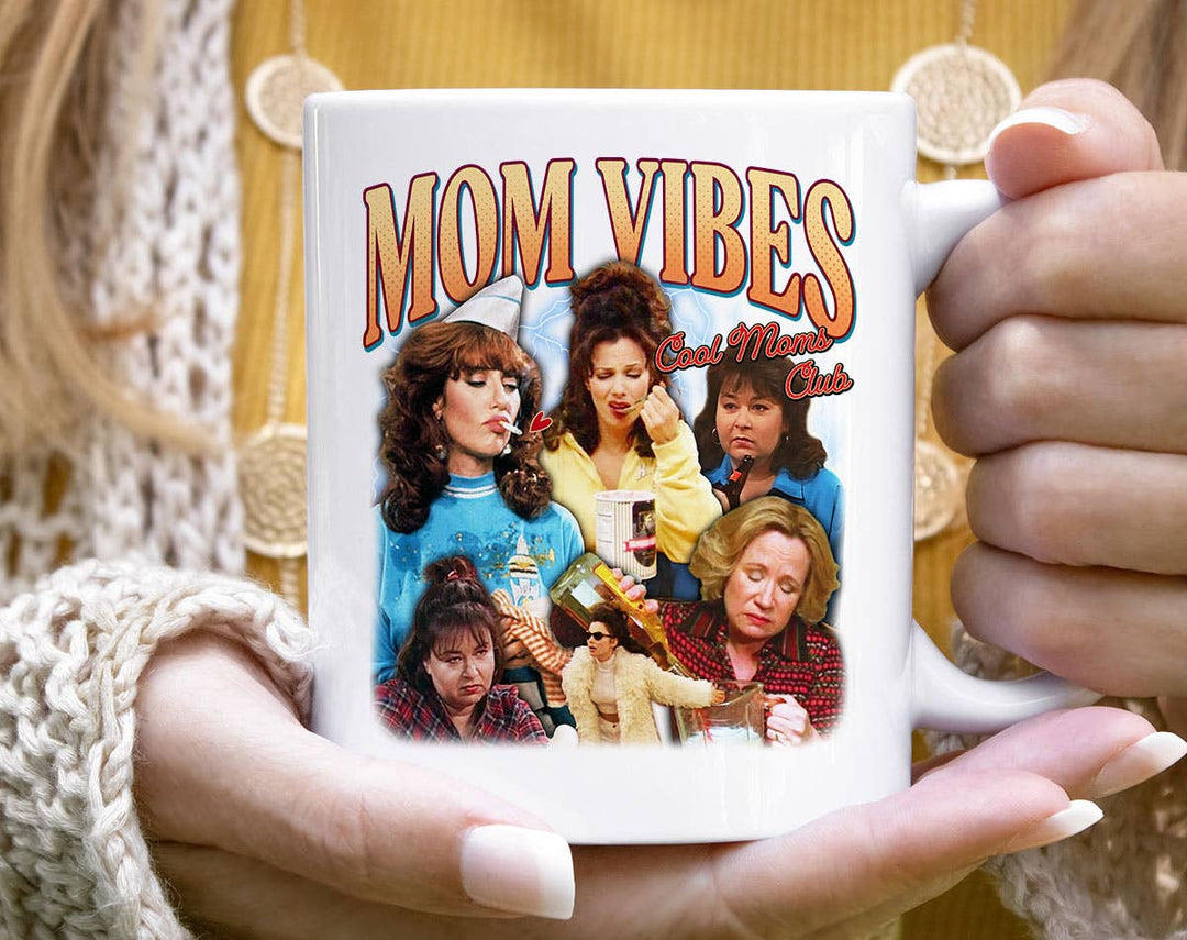 "Mom Vibes Peg Rosanne" design on a white ceramic coffee mug