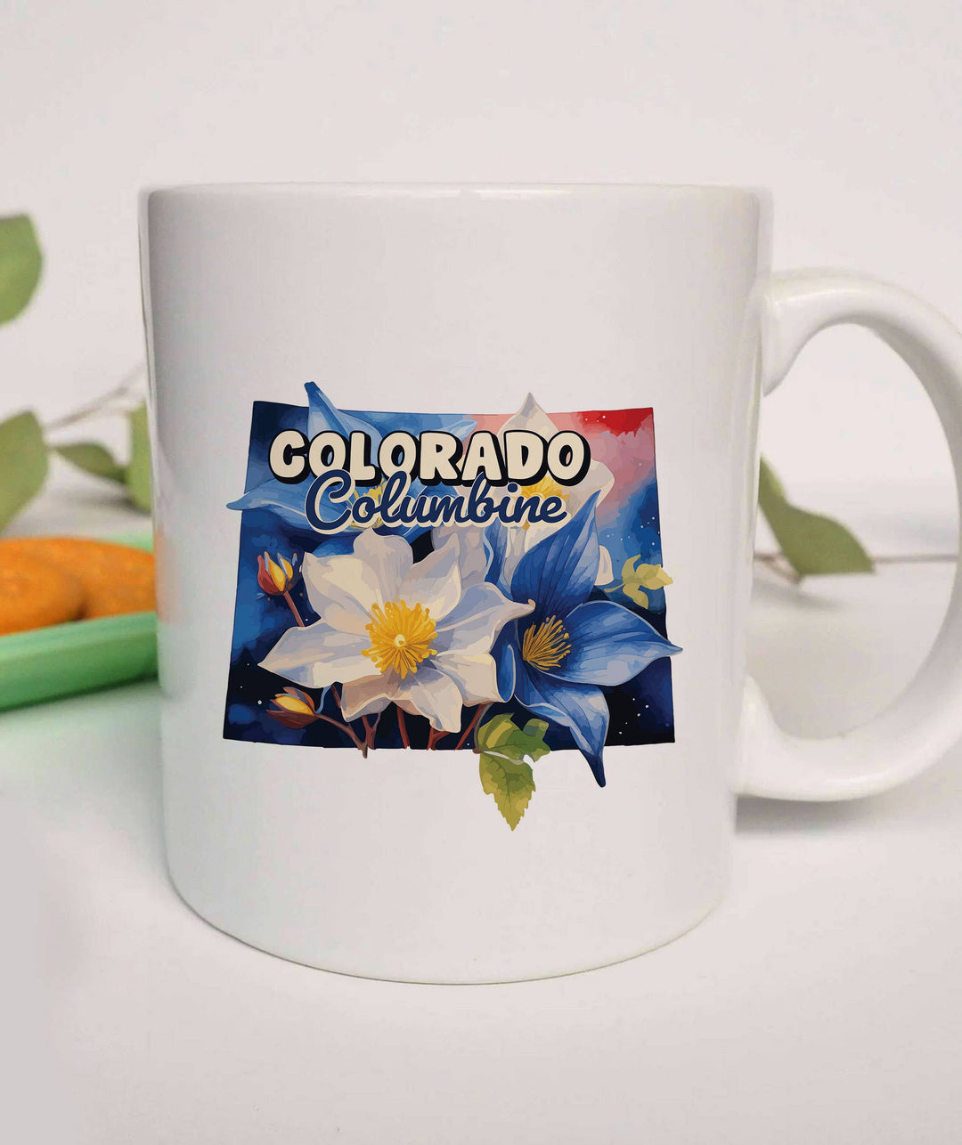 "Colorado State Flower Columbine" design on a white ceramic coffee mug