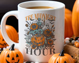"The Midnight Hour" Halloween design on a white coffee mug