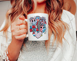 "America Retro Fireworks" design on a white ceramic coffee mug