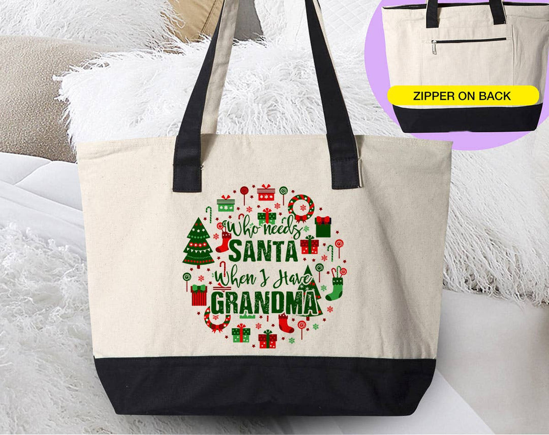 "Who Needs Santa?" design on a natural canvas zippered tote bag