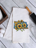 "Kansas State Flower Sunflower" design on a white 28 x 28 inch flour sack tea towel