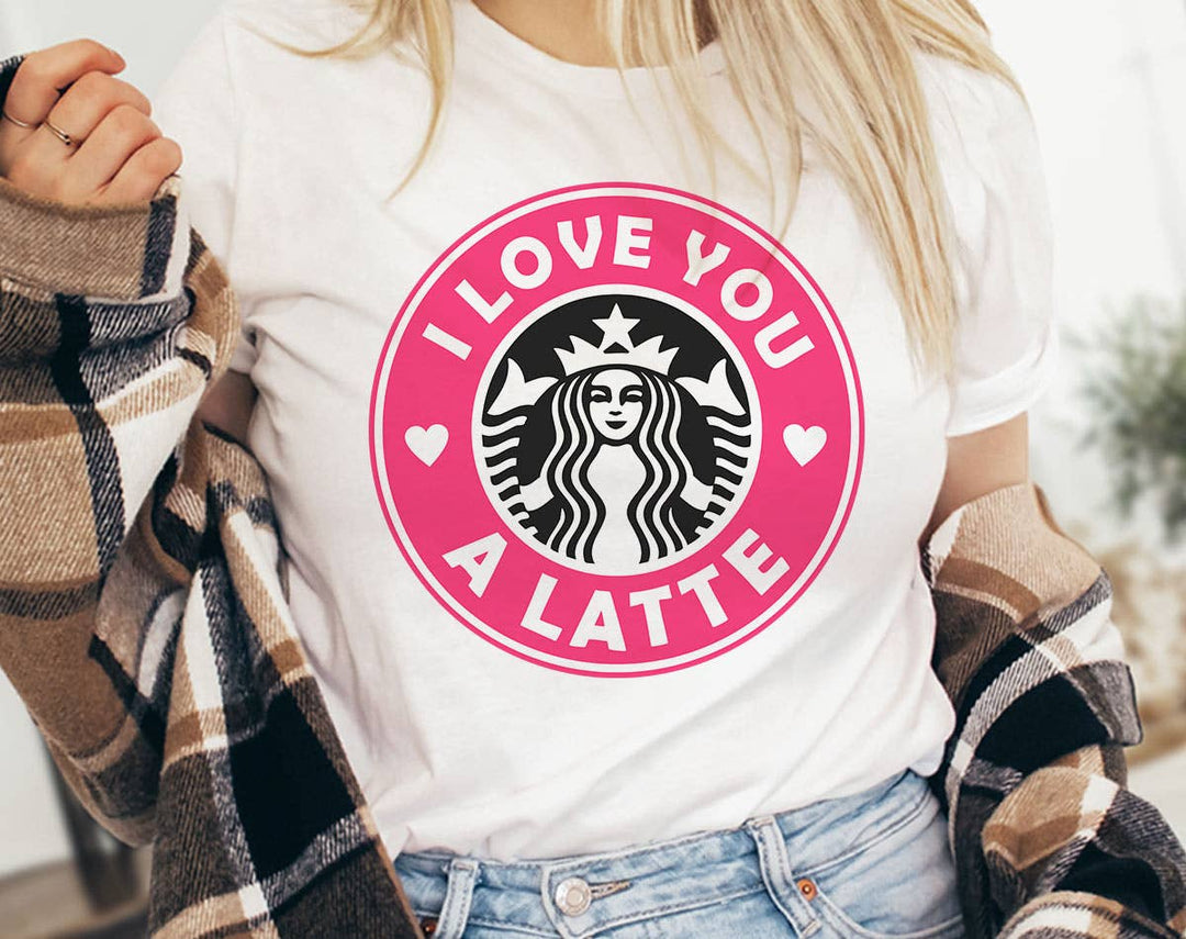 "I Love You A Latte Pink Coffee Logo" design on a white unisex t-shirt