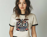 "USA 250th Anniversary" design on a natural ringer t-shirt with black contrast trim