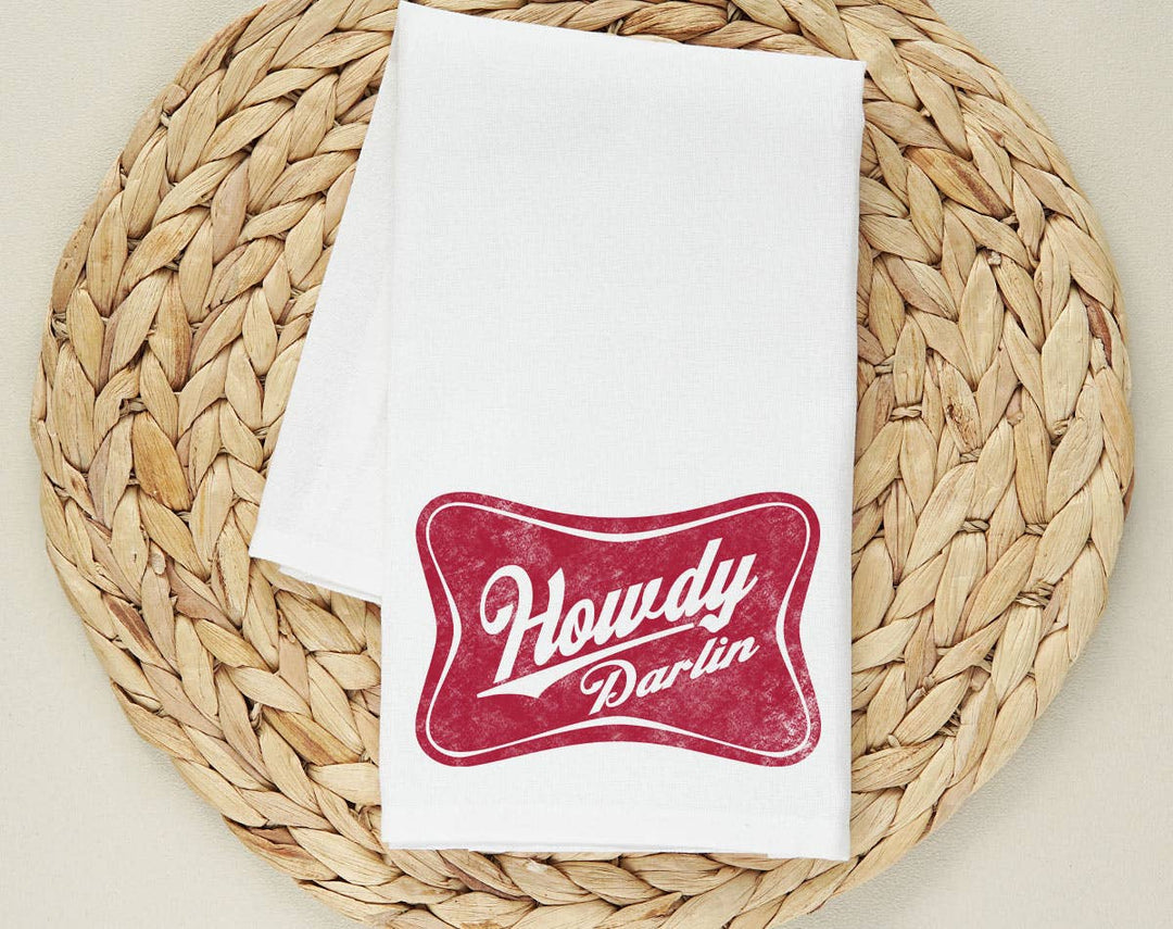 "Howdy Darlin Retro Beer" design on a white 28 x 28 inch flour sack tea towel
