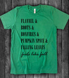 "Flannel Boots Bonfires Pumpkins Leaves" design on a unisex t-shirt