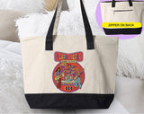 "Death Metal Sing Along Funny Retro Cartoon" design on a natural canvas zippered tote bag