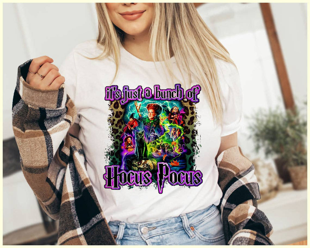 "It's Just A Bunch Of Hocus Pocus" design on a white unisex t-shirt