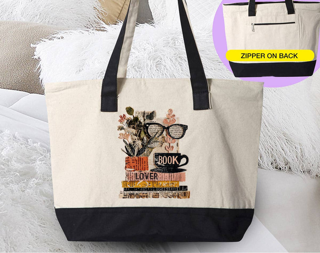 "Book Lover Collage Glasses" design on a natural canvas zippered tote bag