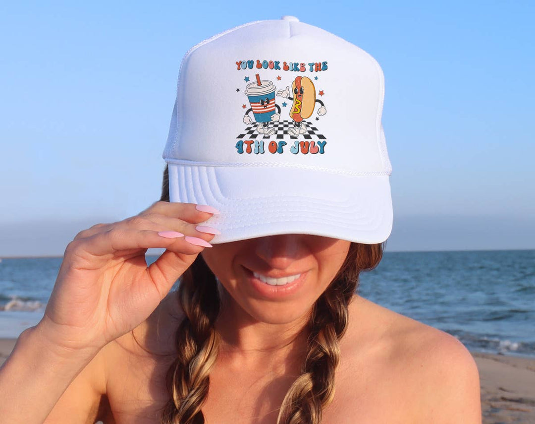 "You Look Like 4th of July" design on a mesh-back snapback trucker hat