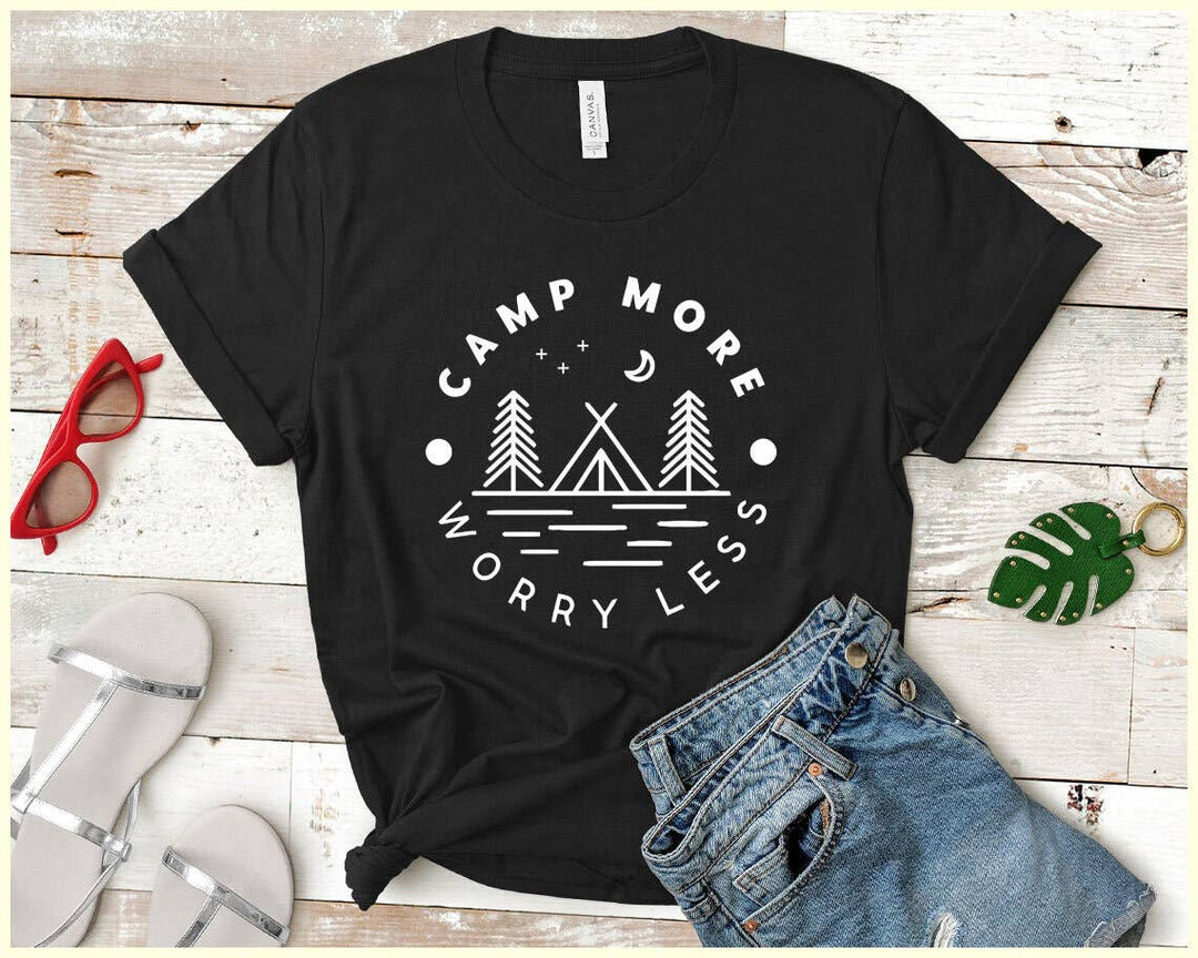"Camp More Worry Less" design on a black unisex t-shirt