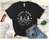 "Camp More Worry Less" design on a black unisex t-shirt
