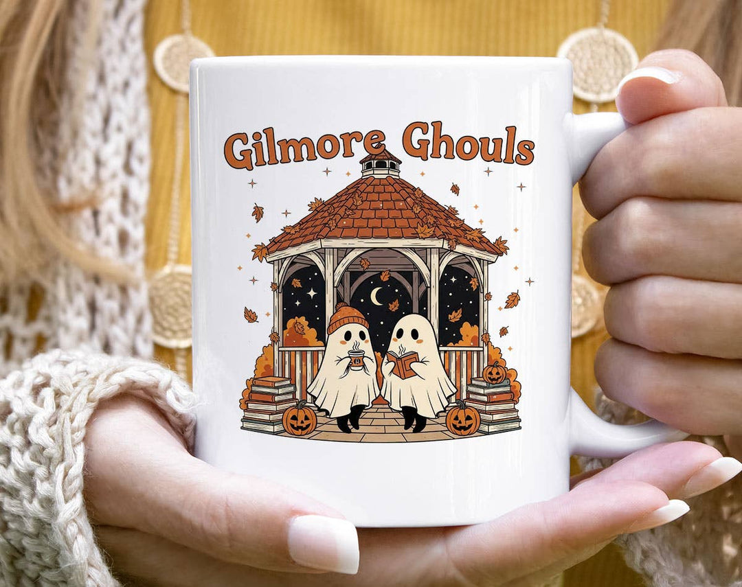 "Gilmore Ghouls" Halloween design on a white coffee mug